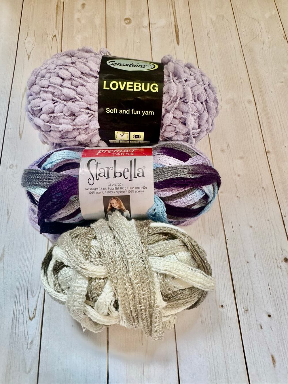 Lot of 3 Specialty Yarn Skeins Lovebug Starbella Neutral Ruffle